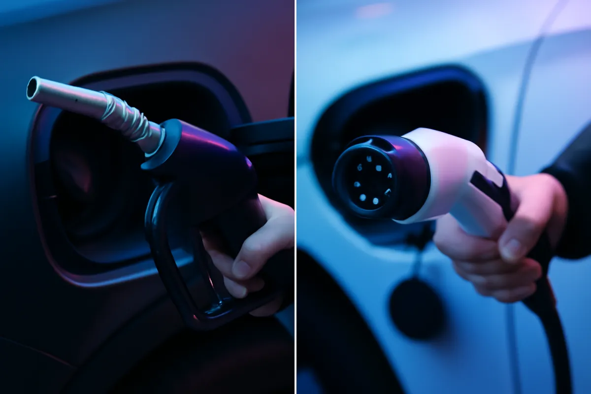 A side by side pair of close-up images, one showing a hand holding a fuel nozzle at an open filler flap and the other a hand holding a white charging connector at a car charge port