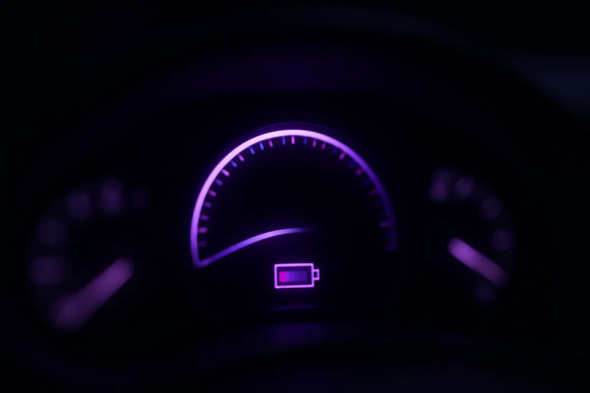 Abstract close-up of an electric car dashboard range display with a softly glowing arc gauge, digits blurred