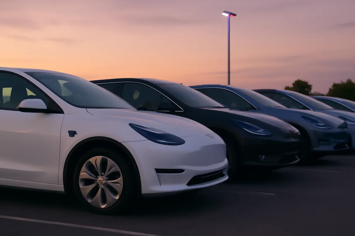 A clean used electric car photographed in neutral daylight with a cool electric-blue tint, representing preparing an EV for resale, no readable text and no logos