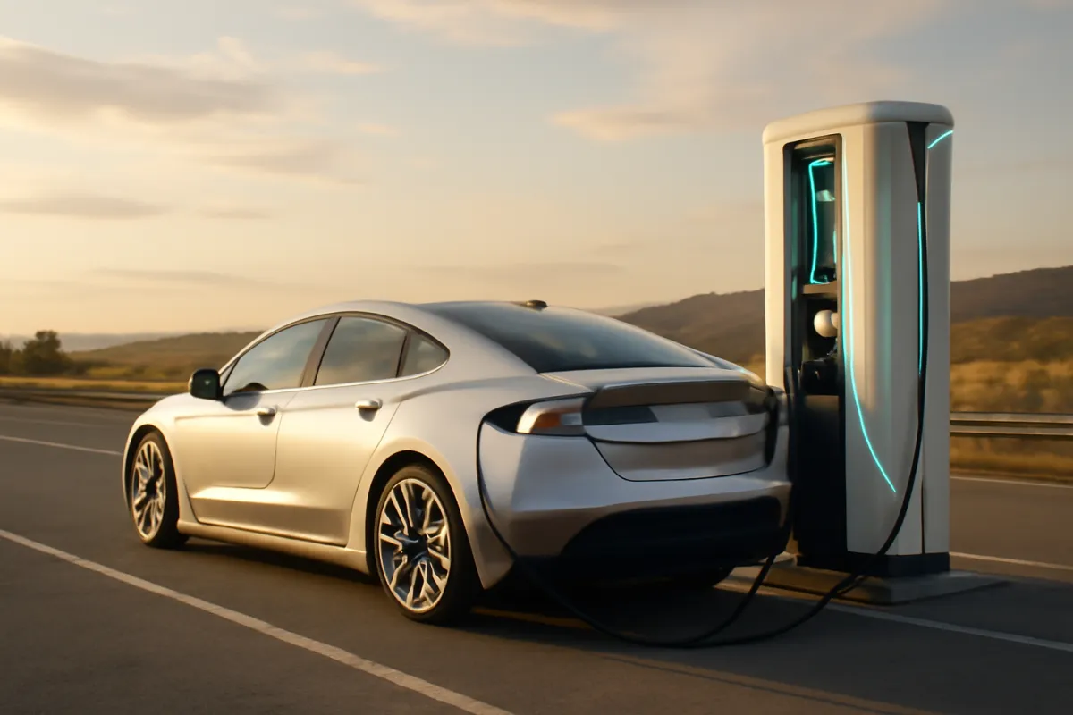 A silver electric sedan parked at a highway-side DC fast charger with rolling hills behind it in warm evening light