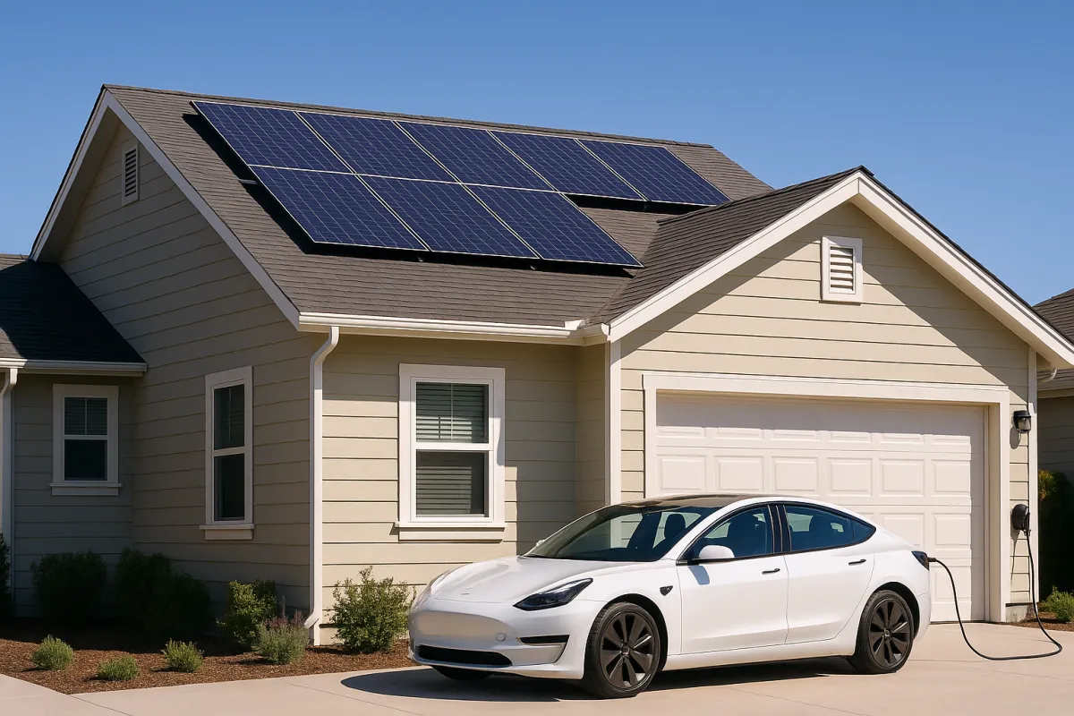 Rooftop solar panels on a home with an electric car charging in the driveway below in bright sunlight