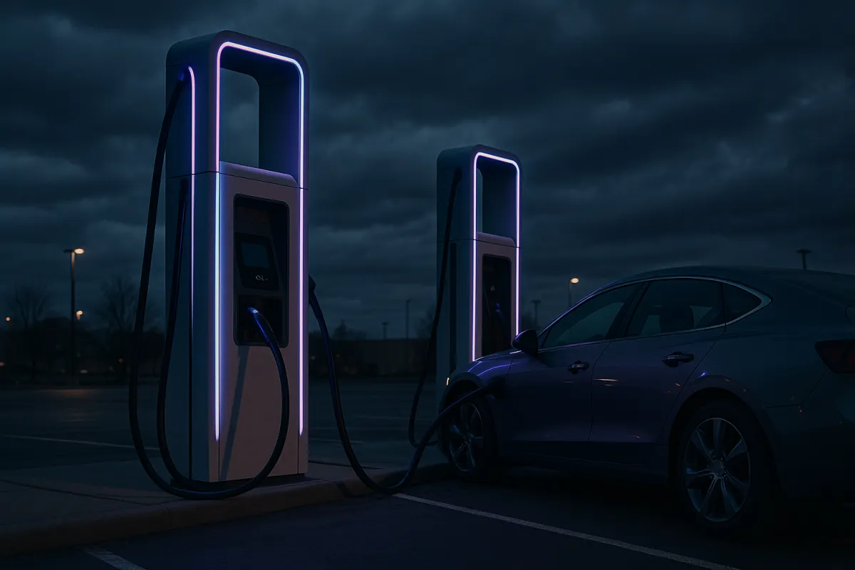 A row of high-power fast chargers at a highway charging hub, several stalls available, under bright daylight with a cool blue accent tint