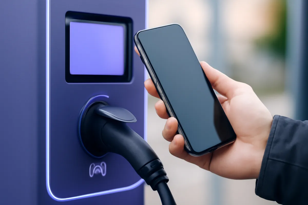 A hand holding a smartphone up to a public EV charging station to start a session