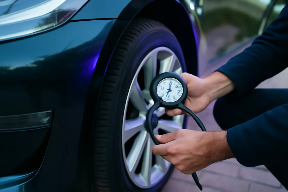 A person checking a car tyre pressure with a handheld gauge on an electric car in a driveway, hands and gauge in focus under a cool violet accent light