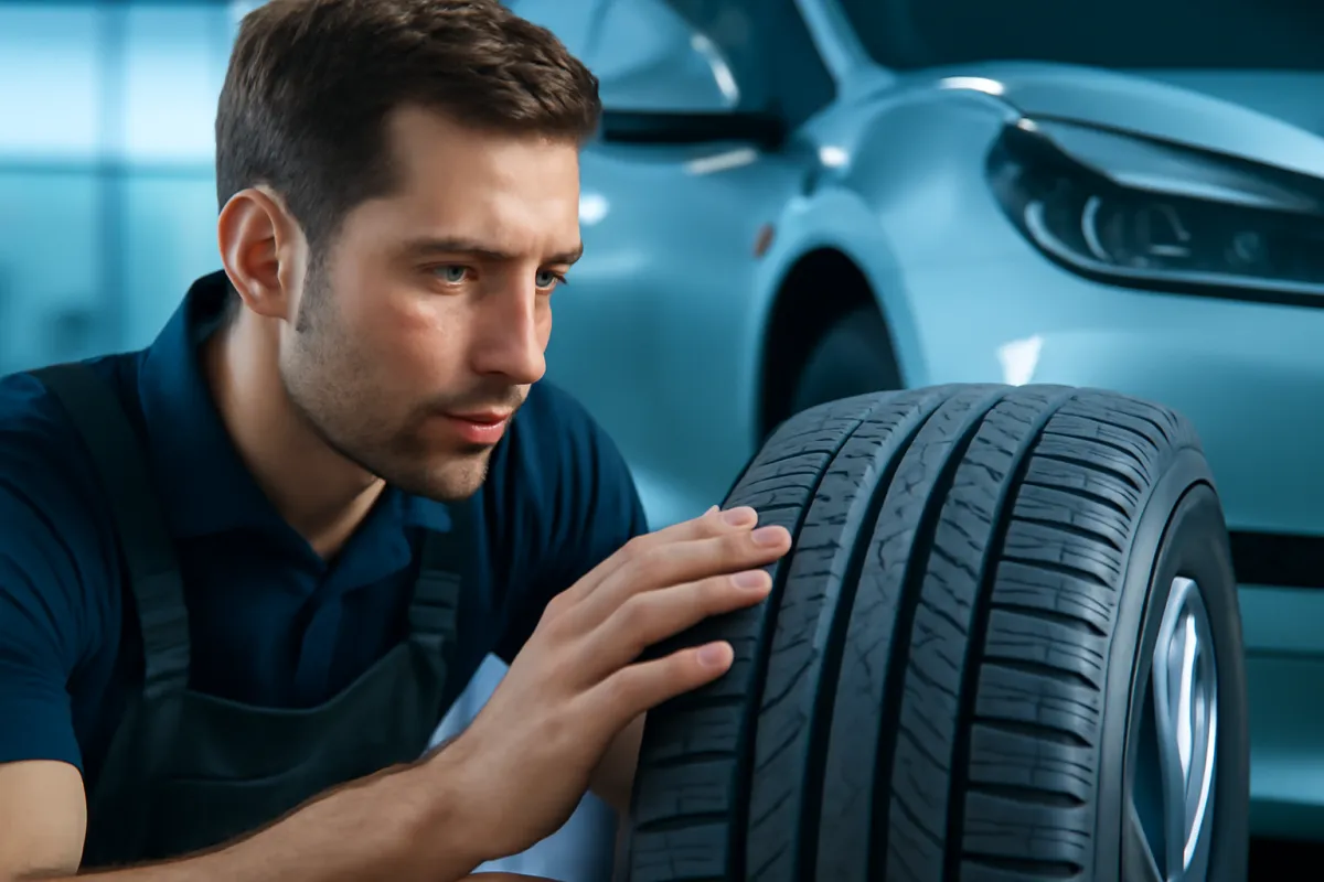 A man in a dark navy polo shirt and dark apron crouching with one hand pressed against the tread of a tire standing upright on its face, a pale blue car blurred behind him in a bright blue-lit interior