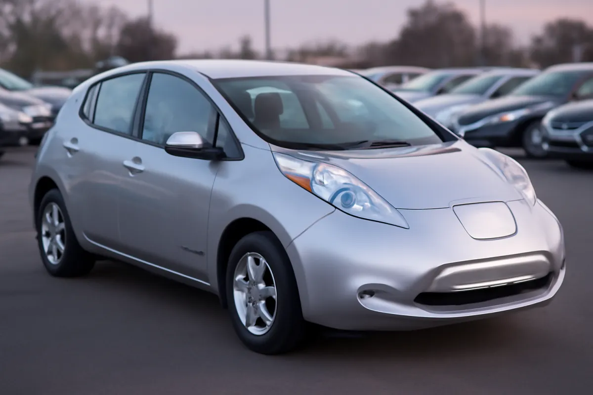 A clean used electric car parked on an outdoor pre-owned car lot in soft daylight with a faint violet tint in the sky