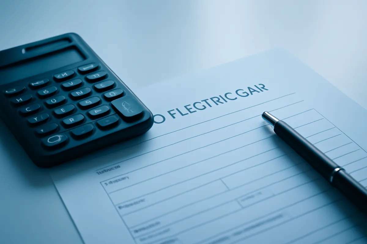 A close view of used electric car purchase paperwork and a calculator on a clean desk beside a pen under a cool electric-blue tint, representing checking current used-EV tax-credit rules before buying