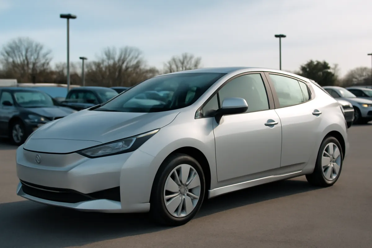 A silver electric hatchback parked on an outdoor pre-owned car lot with rows of other cars behind it in soft daylight under a faint violet sky, no readable text and no logos