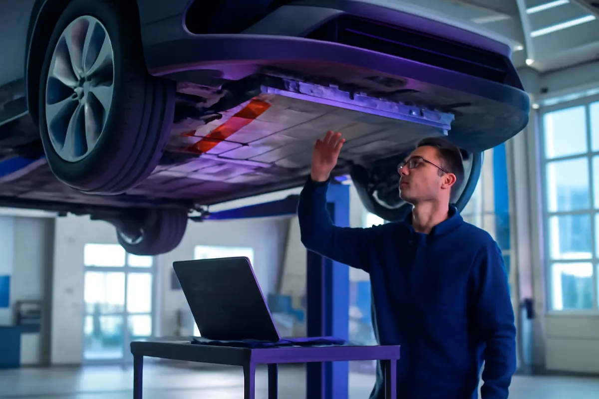 A technician in a bright clean garage inspecting the underside of a raised electric car with a diagnostic laptop on a cart, cool blue tint, representing a pre-purchase inspection of a used EV