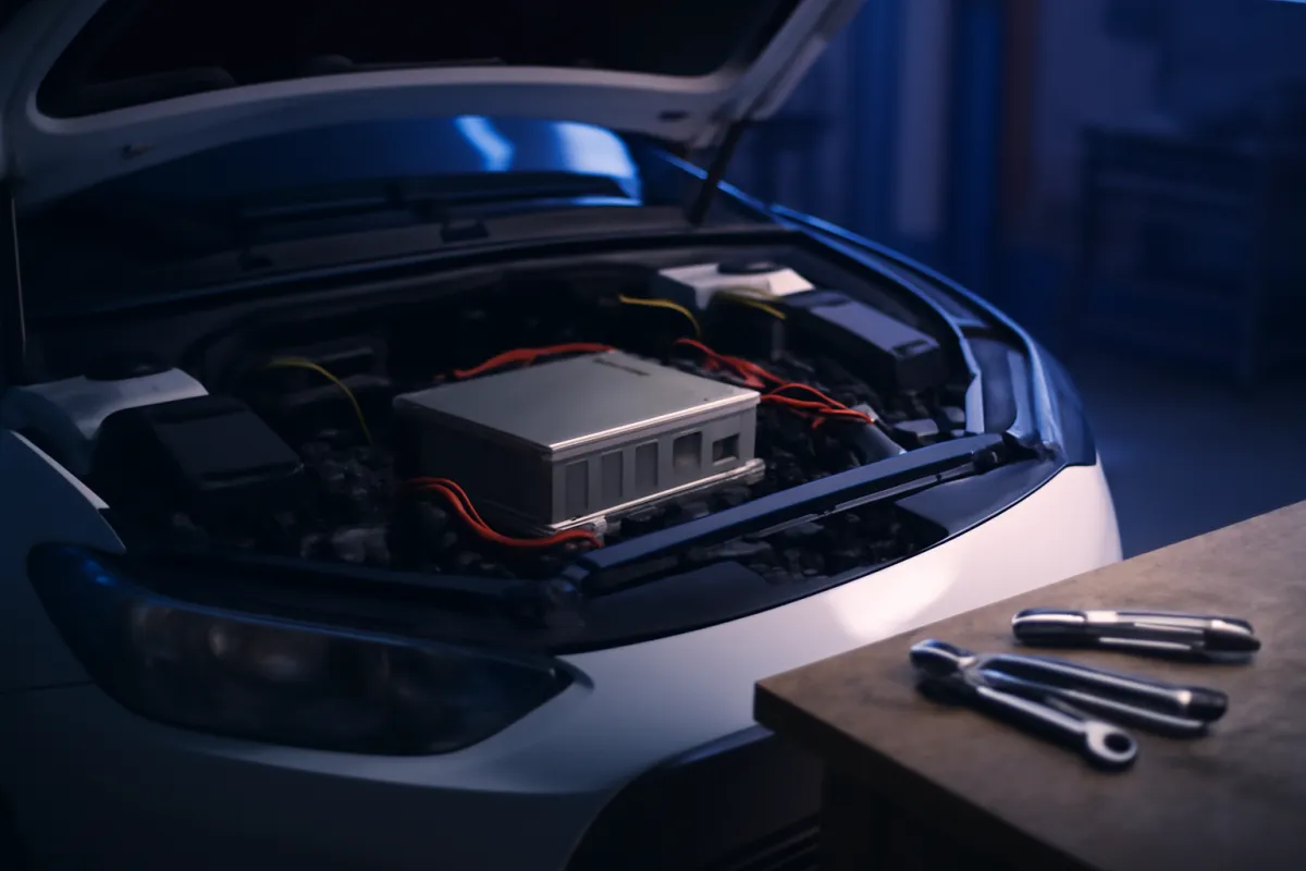 The open hood of an electric car showing a clean, simple motor bay with few components, beside an untouched set of hand tools on a workbench, in cool violet light