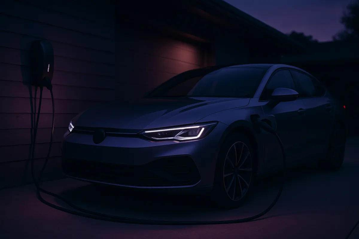 An electric car plugged into a home charger in a driveway at dusk