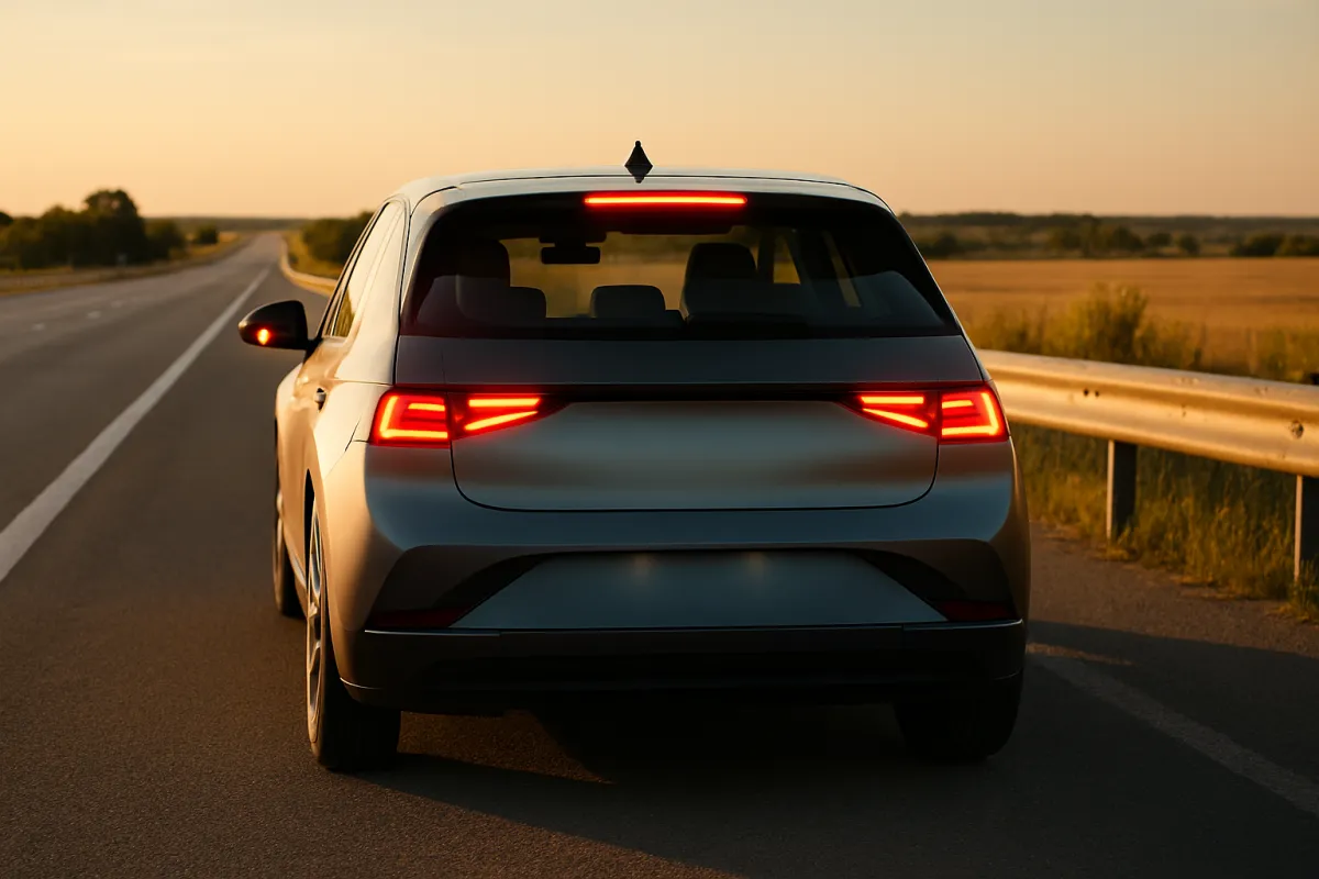 A silver electric hatchback stopped on the right-hand edge of an empty two-lane road at golden hour, its rear lights glowing, a metal guardrail and open dry fields alongside